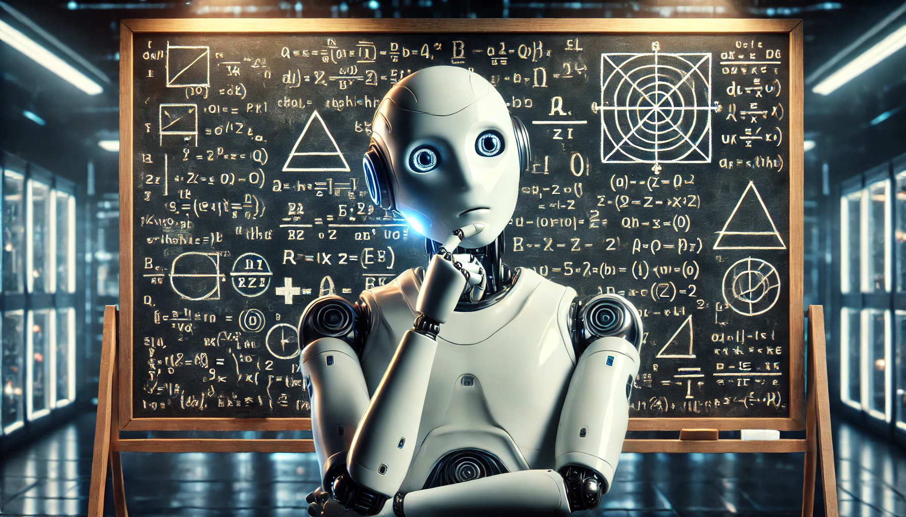 A confused-looking robot contemplating a complex equation, symbolizing the gap between artificial intelligence and human cognition in understanding abstract concepts.